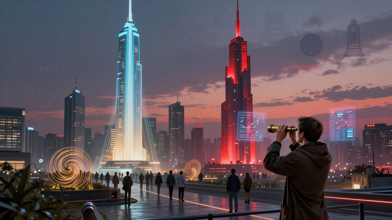 A city with AI towers emitting balanced and biased light, an engineer monitoring metrics through a telescope.