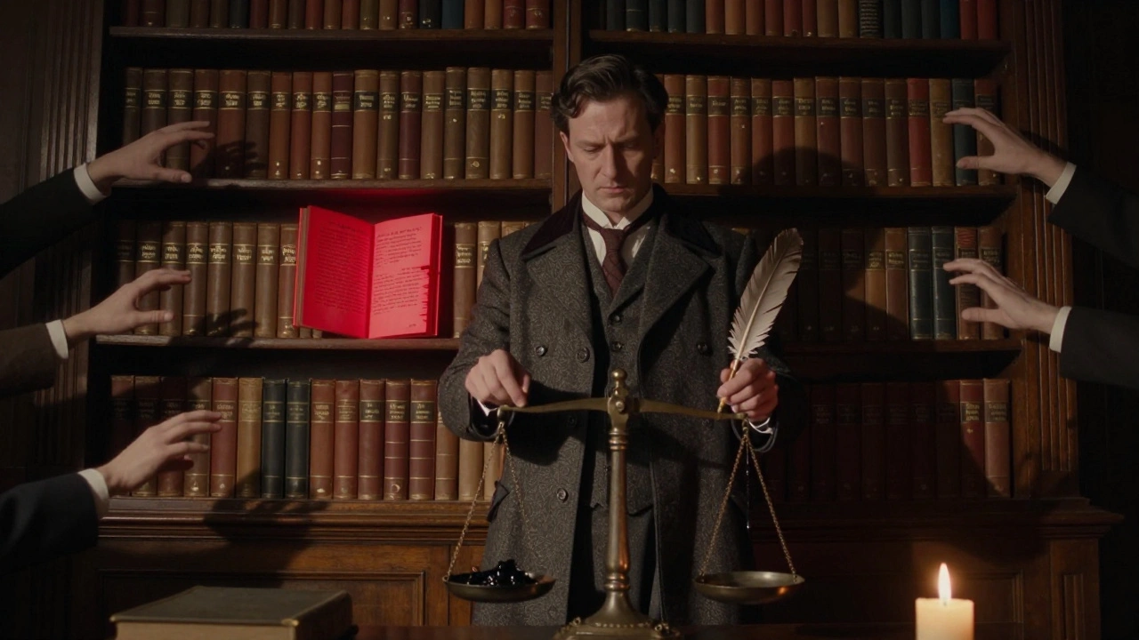 A librarian beside a data bookshelf, one glowing red book corrupting as ghostly hands reach to fix it.