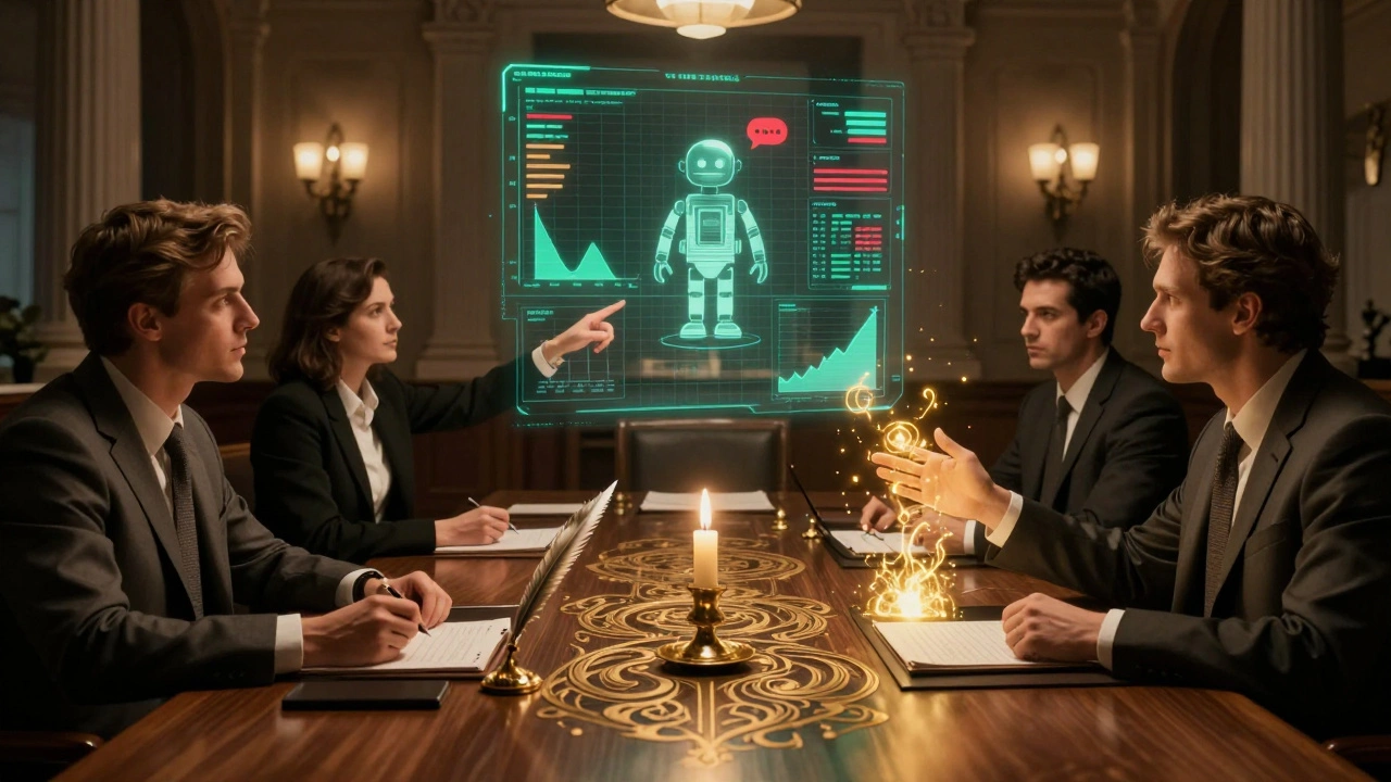 A committee in a candlelit room evaluating a holographic value-risk matrix, with quills and data arabesques surrounding them.