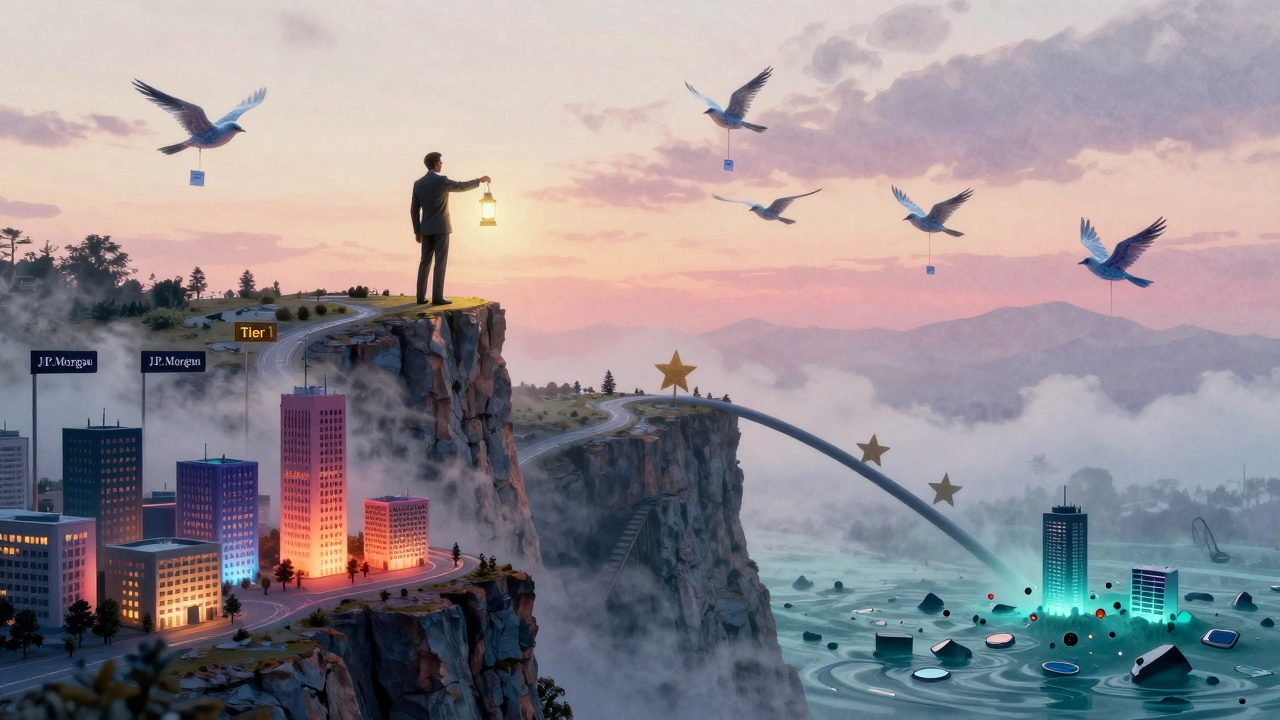 A manager on a data cliff choosing paths to AI success, with miniature firms glowing below and algorithm birds in the sky.