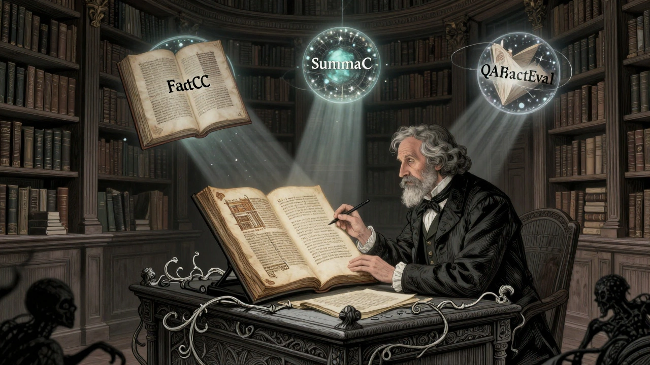 A scholar compares AI text to an illuminated manuscript, with fact-checking orbs floating above a desk shadowed by hallucinations.