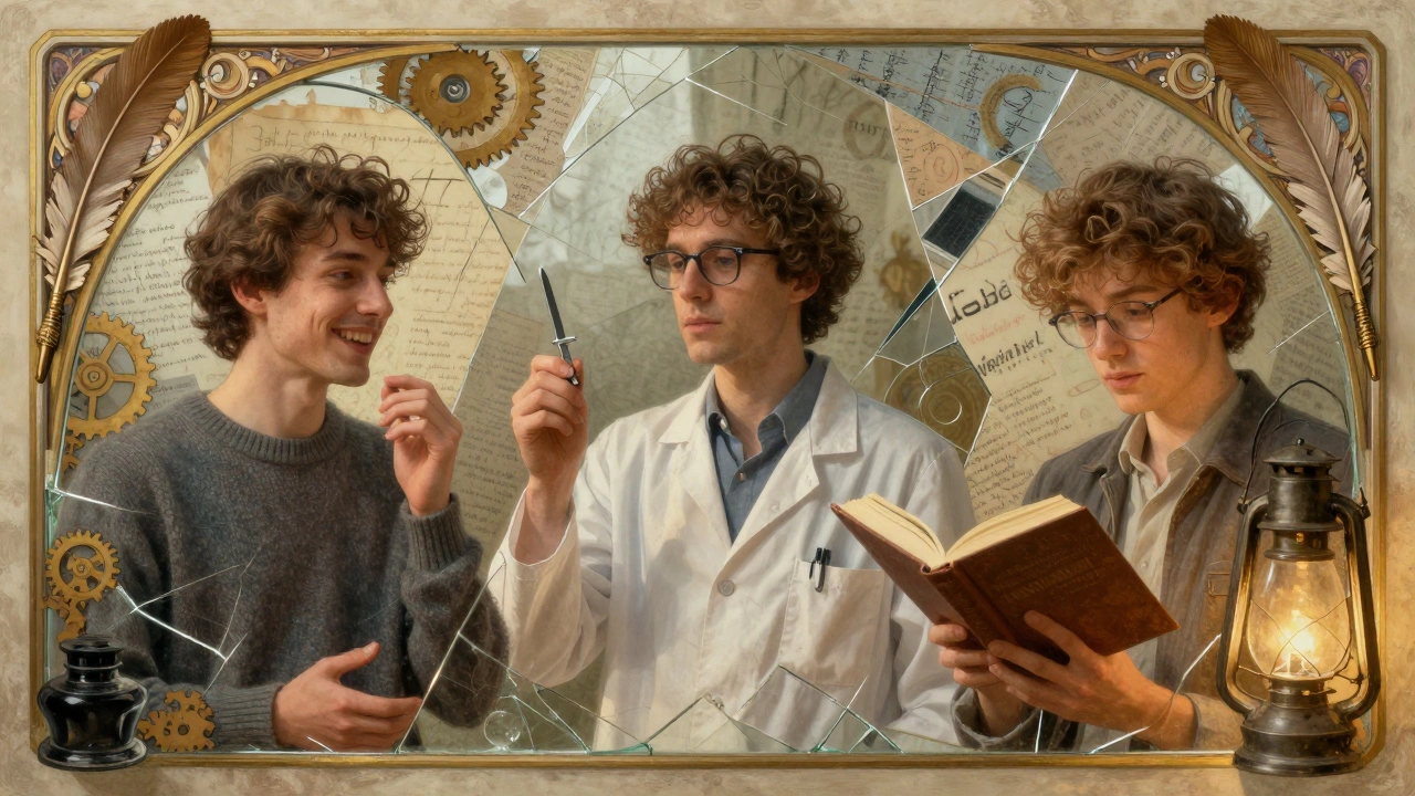 Three reflections of a person embodying accuracy, consistency, and readability, framed by ornate calligraphy and vintage writing tools.