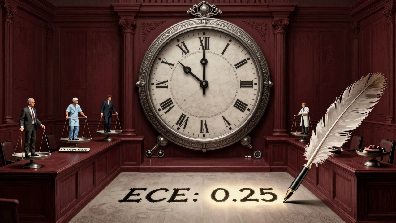 A courtroom with a backward-ticking clock divided into confidence bins, tiny figures crushed by overconfidence, quill writing ECE.