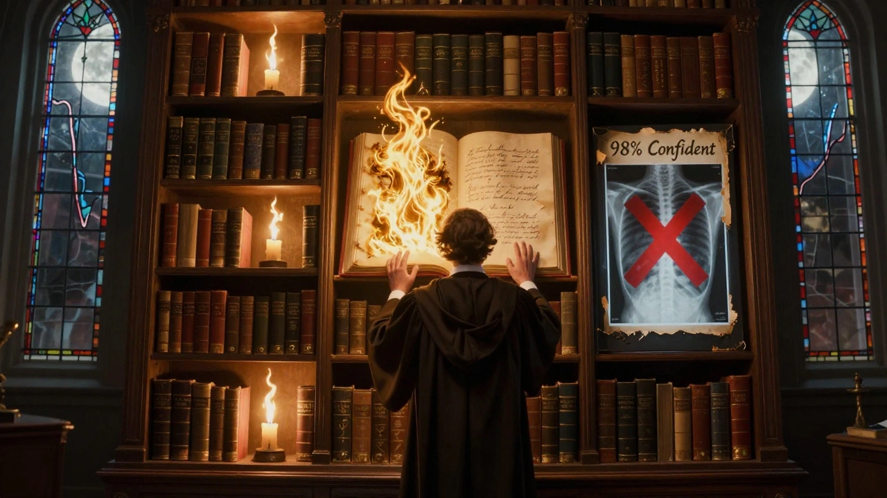 A scholar before a bookshelf of LLMs, some burning with false confidence, moonlight casting calibration curve shadows.