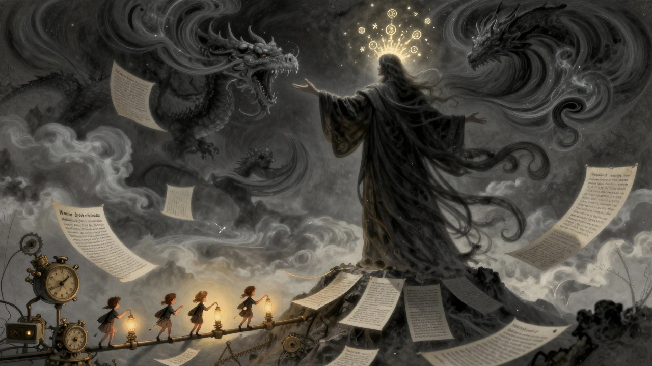 A cosmic LLM spirit above a mountain of text, while tiny fairies sort data below with lanterns.