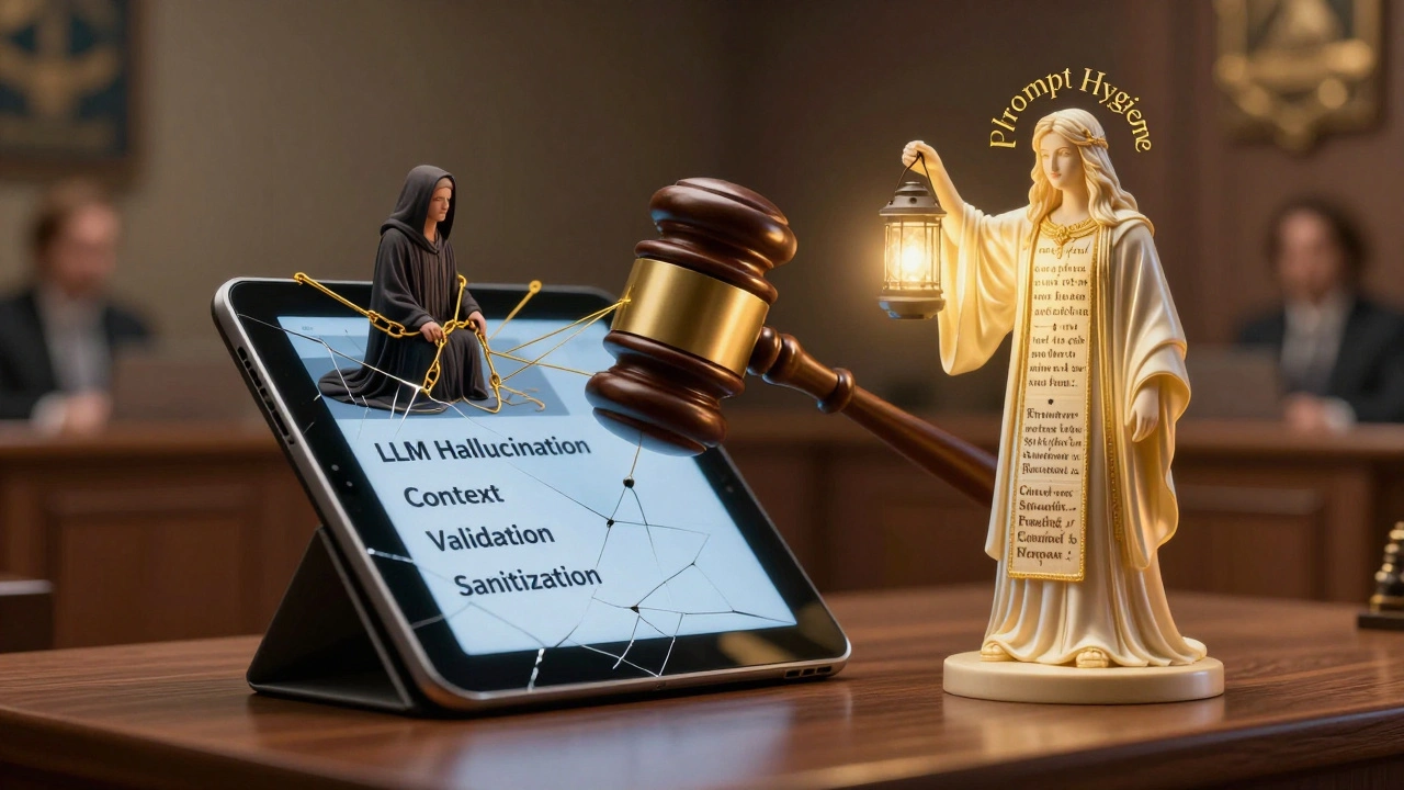 A courtroom scene with a neural network gavel striking a corrupted prompt, held back by golden threads of hygiene rules.
