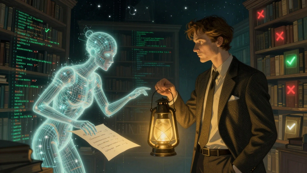 A human and AI entity jointly reviewing code, represented as mythic figures in a glowing library of repositories.