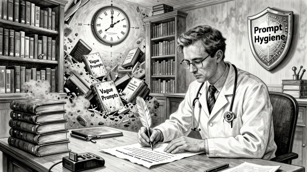 A medical professional writing a precise prompt at a desk, while outdated prompts crumble into dust behind them.