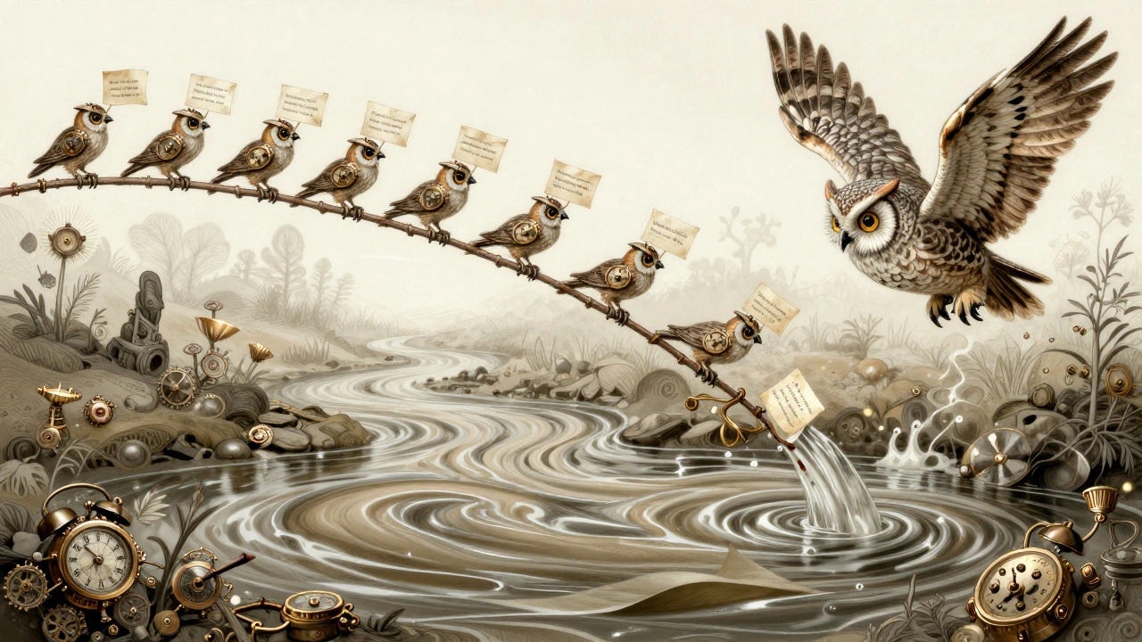 A river of workflow splits into precise birds and a wise owl-agent retrieving clarity from chaos.