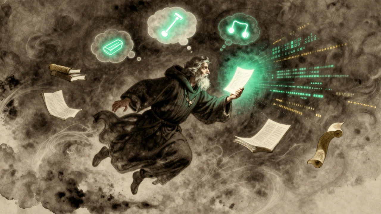 A robed agent surrounded by floating tools and thought-bubbles, exploring a glowing scientific paper in cosmic dust.