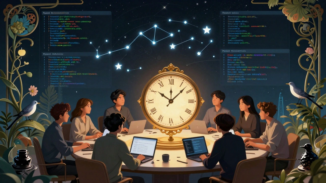 A team around a code-based celestial clock, with AI comets tracing logic paths through their software.