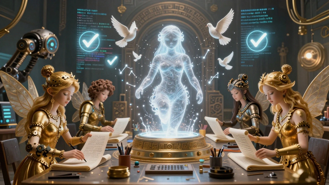 NLP fairies handing cleaned data to a luminous LLM entity, with validating guardians and glowing doves.