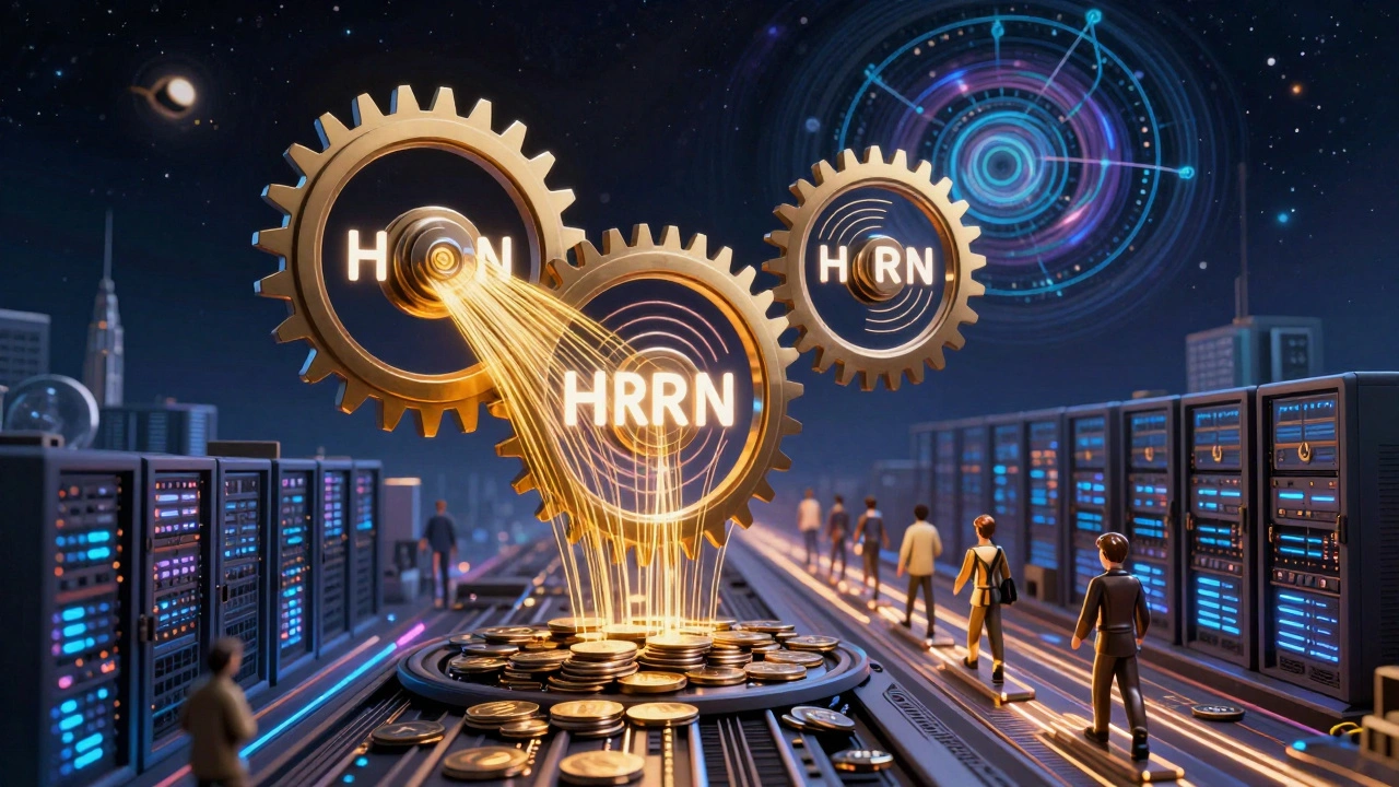 A cosmic clockwork of AI tokens and gears balances speed and fairness, with golden threads lifting delayed requests.