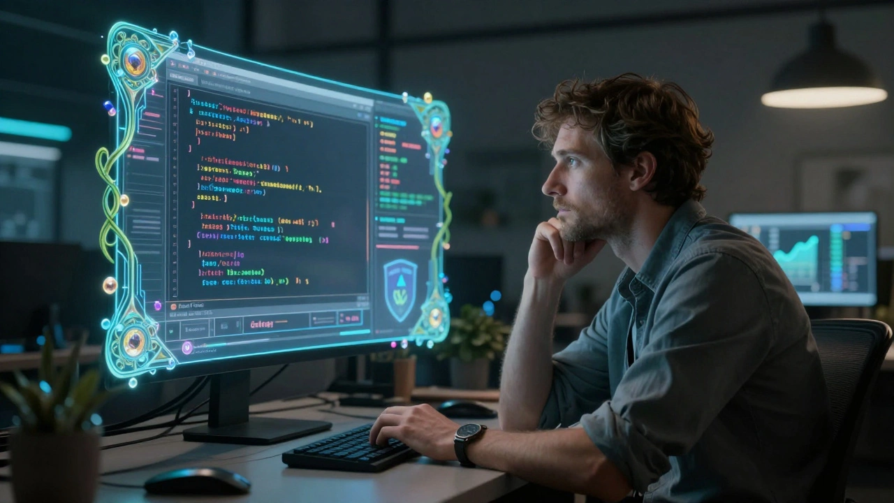 A developer watches a holographic AI execute code in a jewel-encrusted sandbox, surrounded by floating data vines.