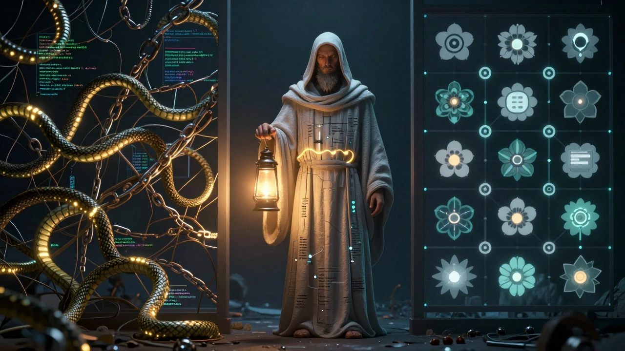 A guardian separating chaotic code from clean architecture, holding a feedback loop lantern.