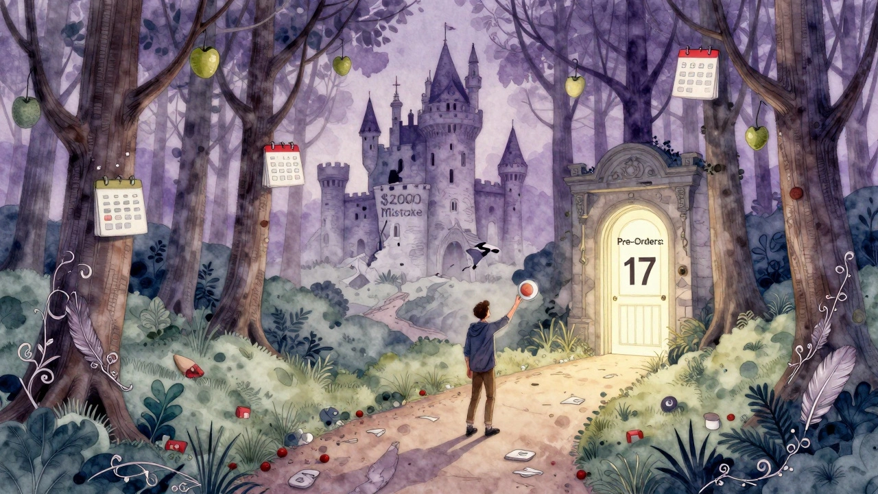 A mystical forest path where SaaS features grow as fruit, leading to a glowing door labeled 'Pre-Orders: 17'.