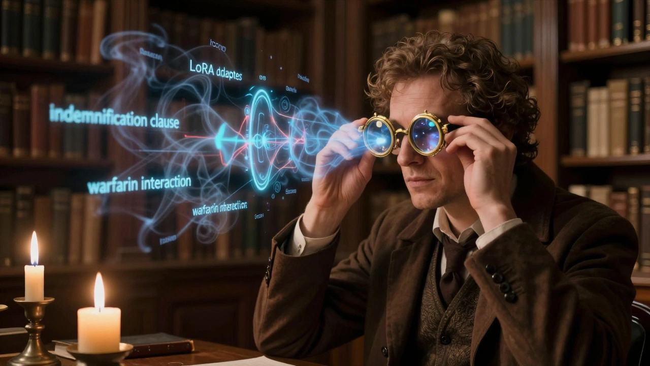 A scholar using ornate spectacles to direct glowing heatmaps toward legal and medical keywords.