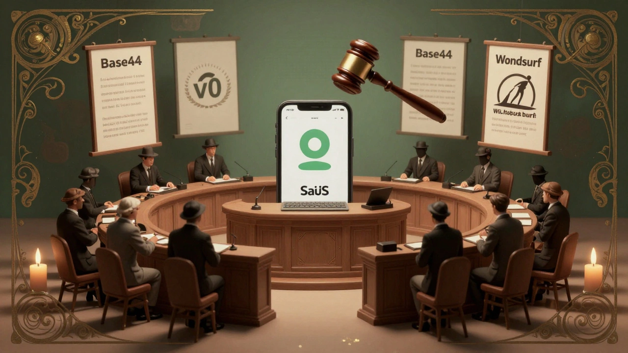 A surreal courtroom trial where a SaaS prototype is defended by floating tech logos, in vintage Art Nouveau style.