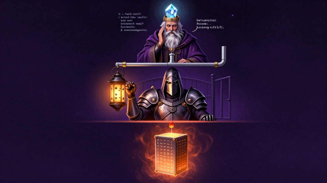 A three-layered mystical system: an oracle, a gatekeeper, and a glowing microVM container in a starry void.