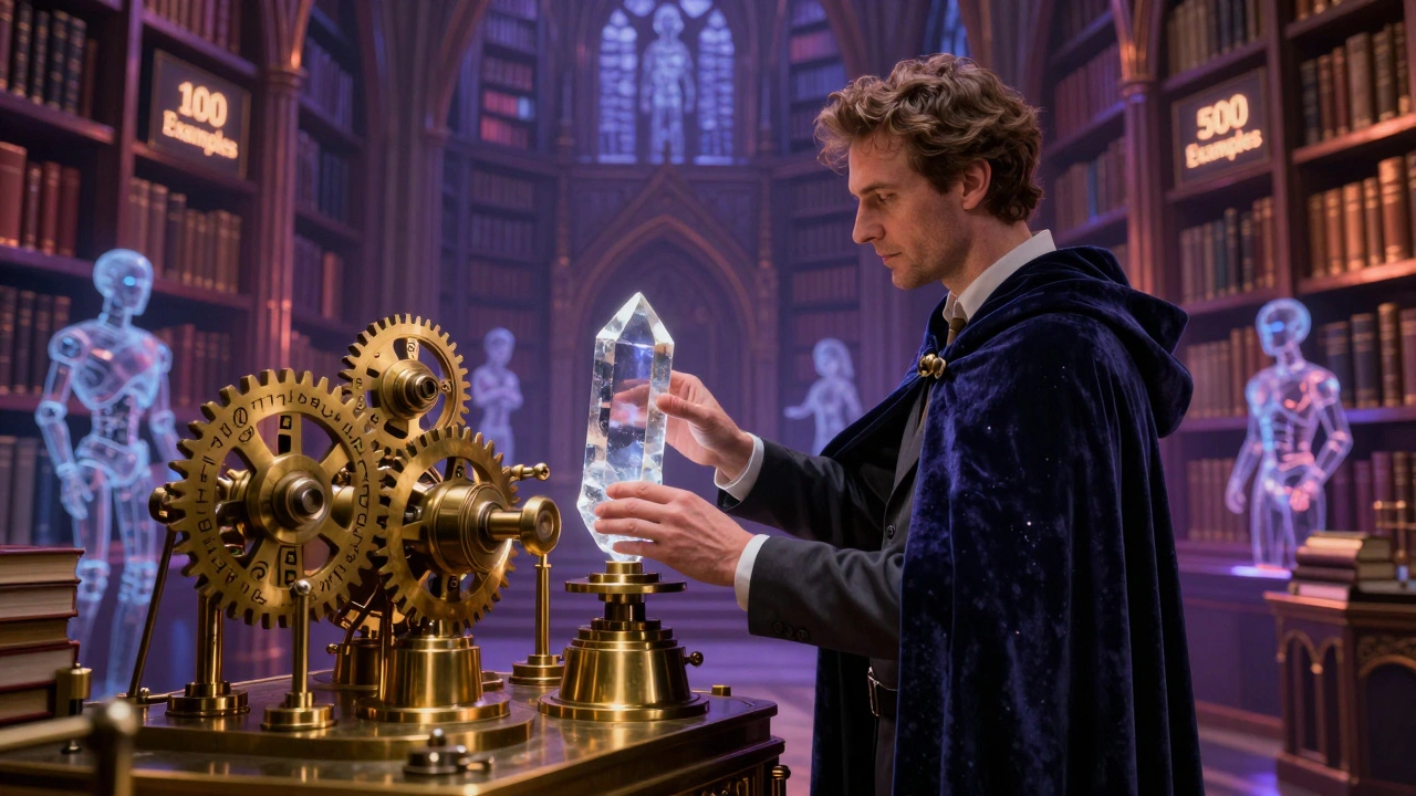 An engineer placing a crystal into a brass fine-tuning engine amid a library of labeled data.