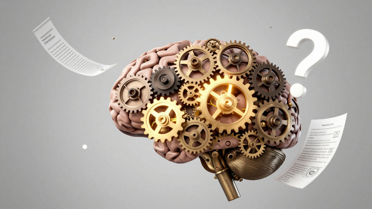 An ornate clockwork brain with only two glowing attention gears processing clinical and legal data.