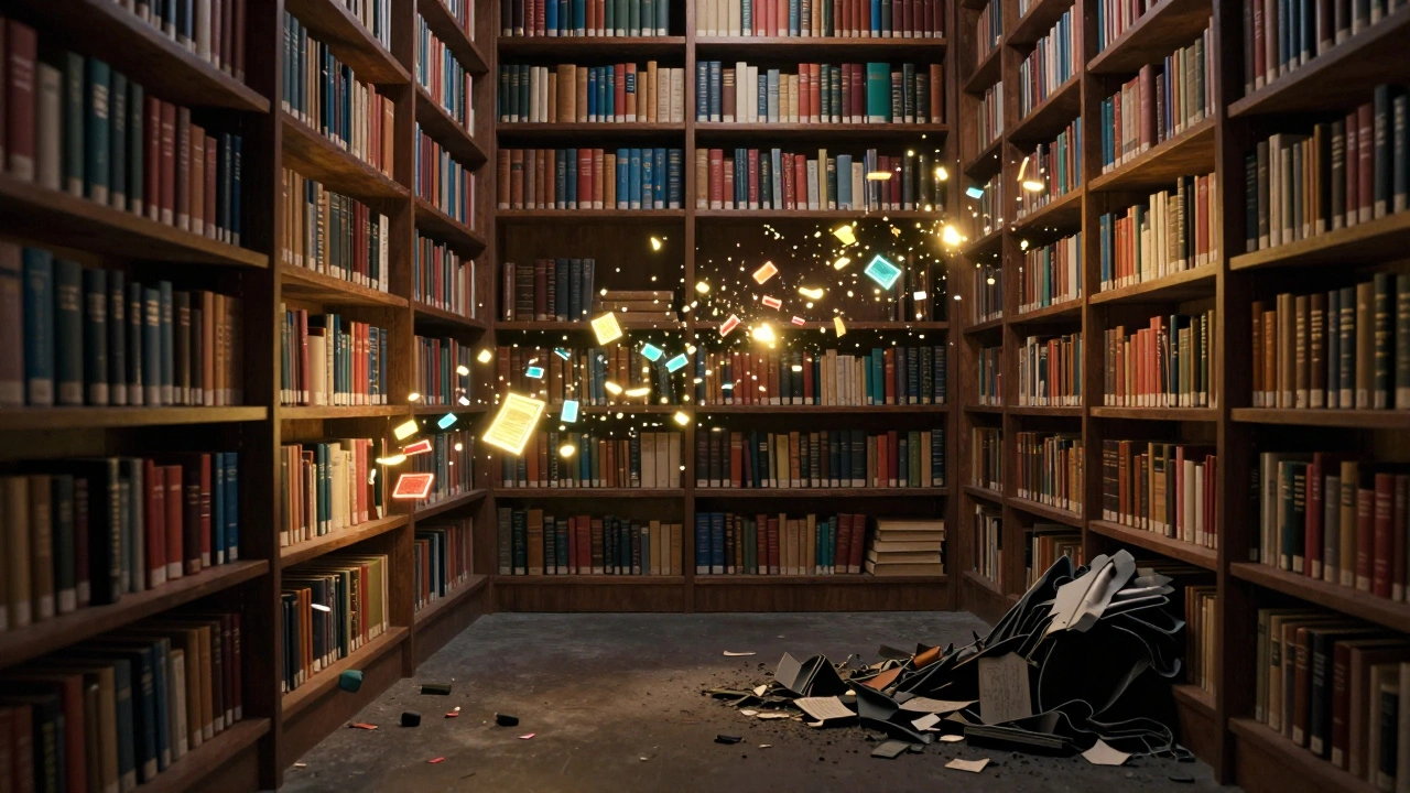 Floating books in memory shelves fragment into glowing 16KB pieces, symbolizing PagedAttention’s efficient context management.