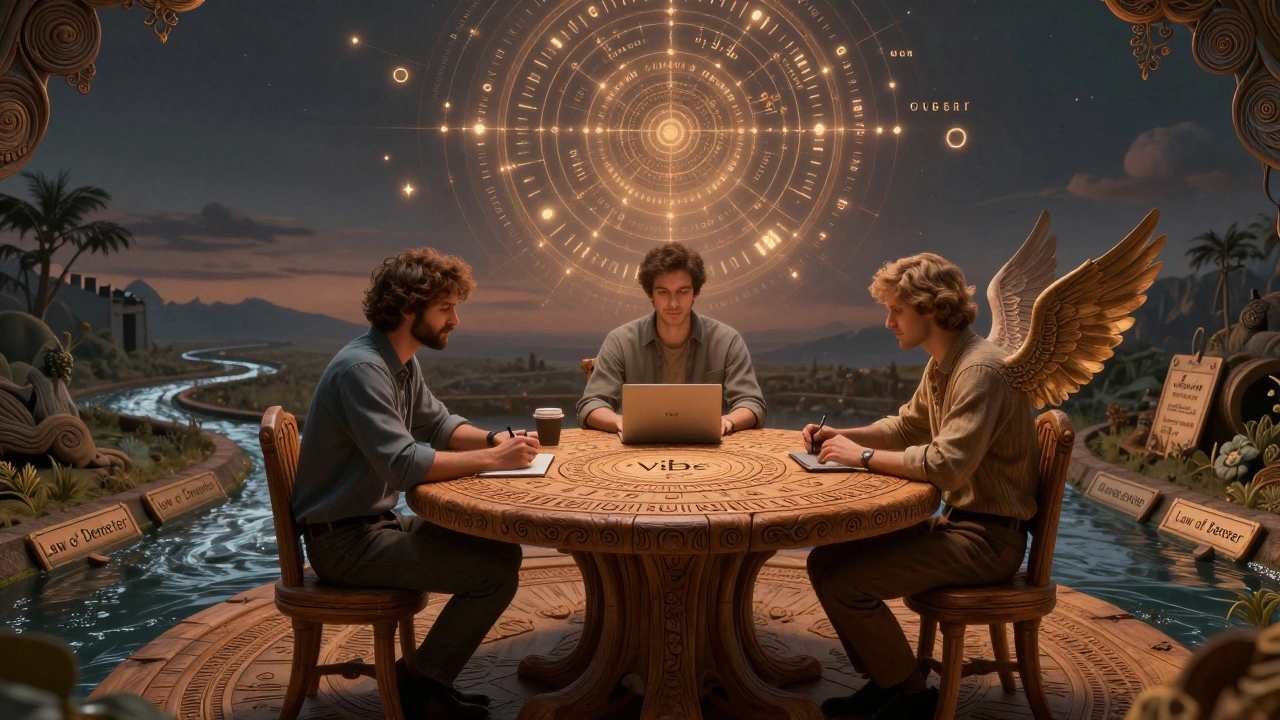 Three figures around a table with floating code glyphs in a celestial mandala under twilight light.