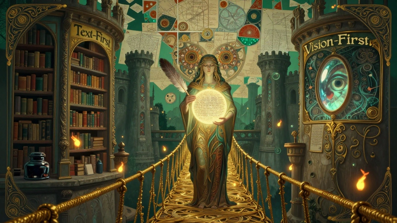 A bridge between two citadels of AI, held by a hybrid entity with scholar and seer traits, surrounded by floating tokens and a mosaic of charts and notes.
