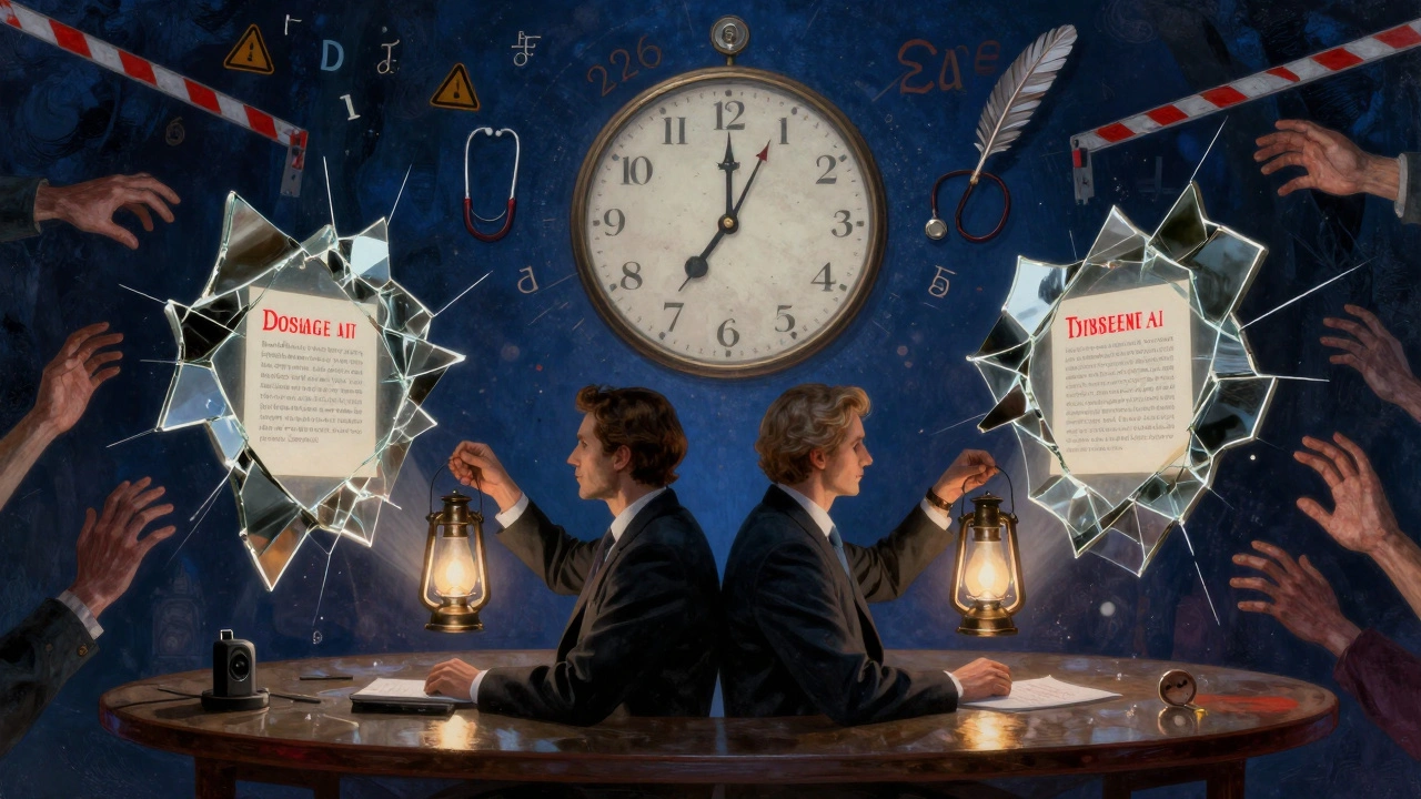 A clinician and lawyer face a fractured mirror showing AI failures, lit by lanterns under a celestial clock.