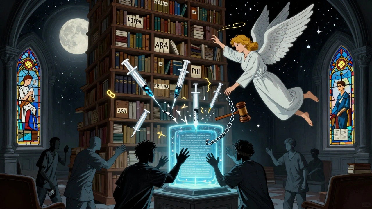 A guardian angel protects a library of legal and medical documents from a dangerous AI core.
