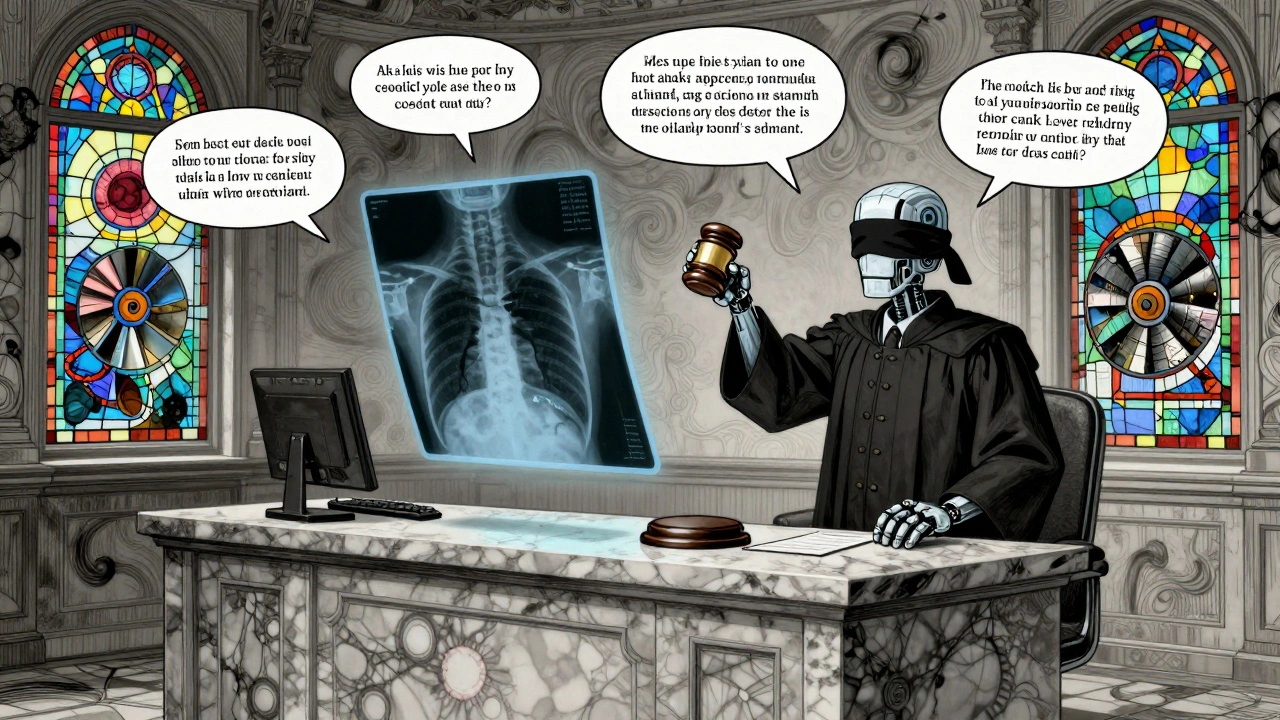 A surreal courtroom where a blindfolded judge ignores medical and scientific images, while hidden details glow unseen beneath floating text bubbles.