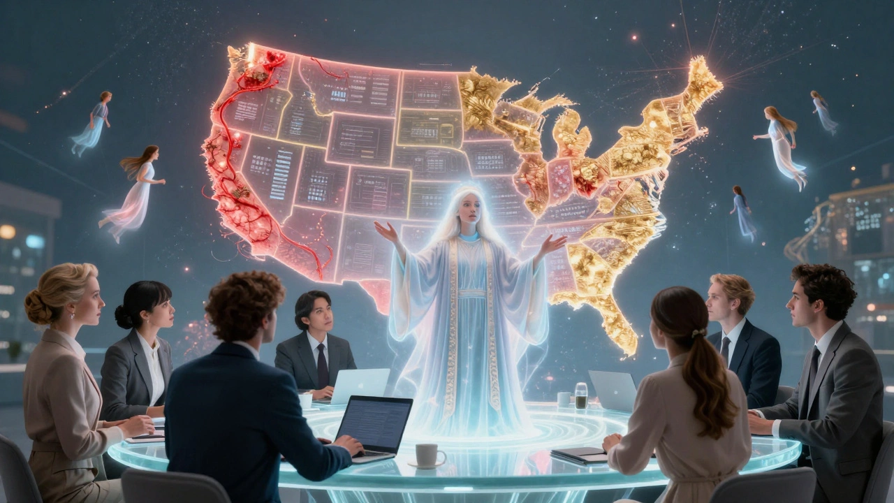 A team gathers around a glowing map where data vines show sales trends, guided by an ethereal AI spirit in a dreamlike, illustrated setting.