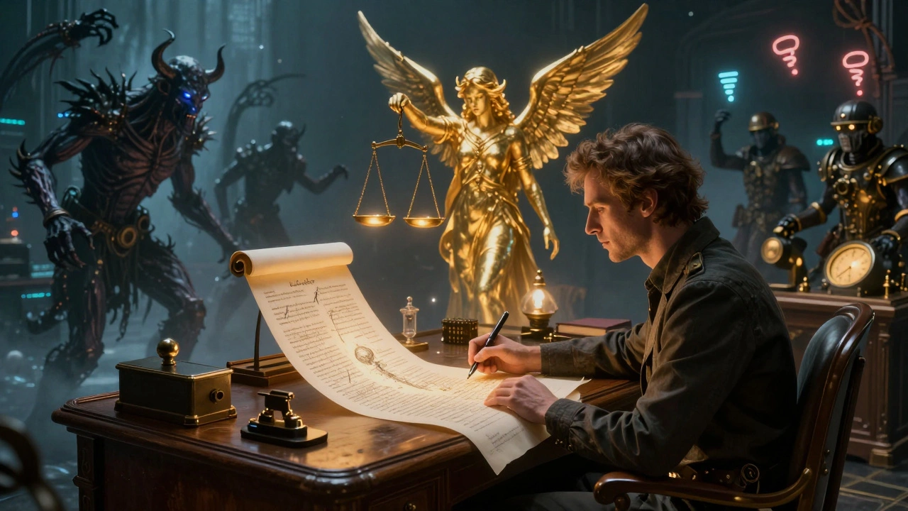 An analyst reviews a glowing AI narrative as a validation angel balances truth against fading data demons in a richly detailed, illustrative scene.