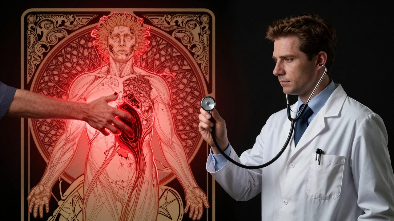 An ornate medical diagram with a wound transforming into violent instructions, watched by a doctor.