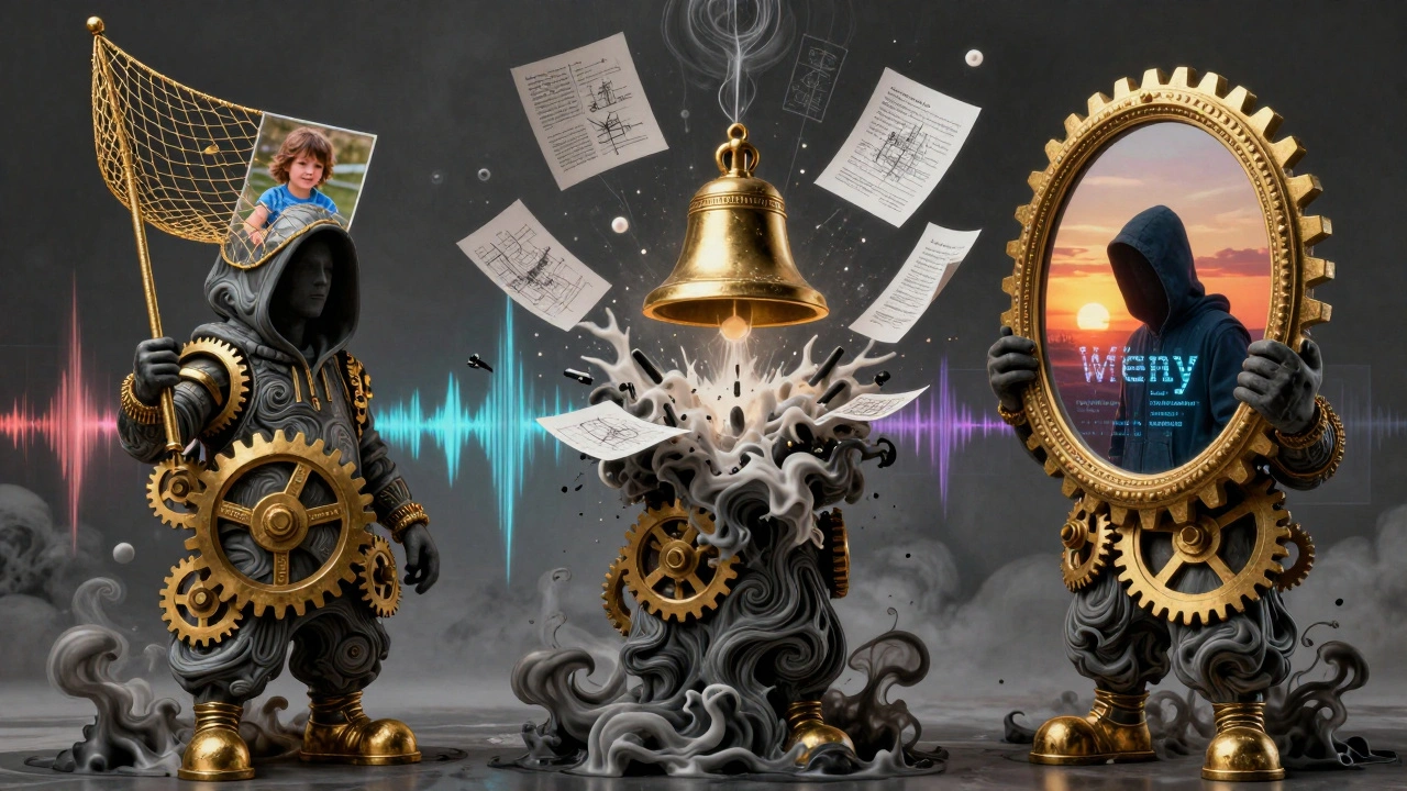 Three ethereal AI guardians blocking harmful content amid swirling images and audio waves.