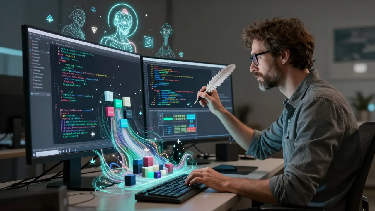 A builder blending visual tools with flowing code under AI guidance.