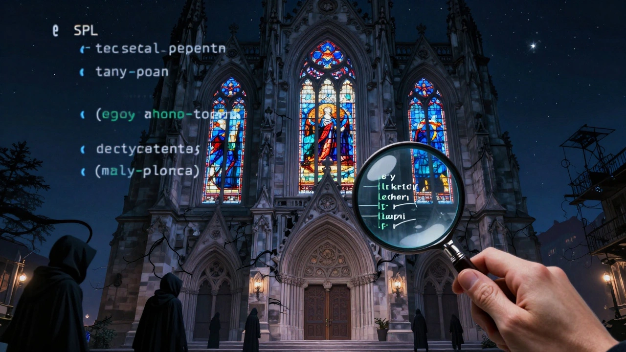 A cathedral of code stands under stars, with security threats creeping through its foundations as a human inspects a line of AI code.