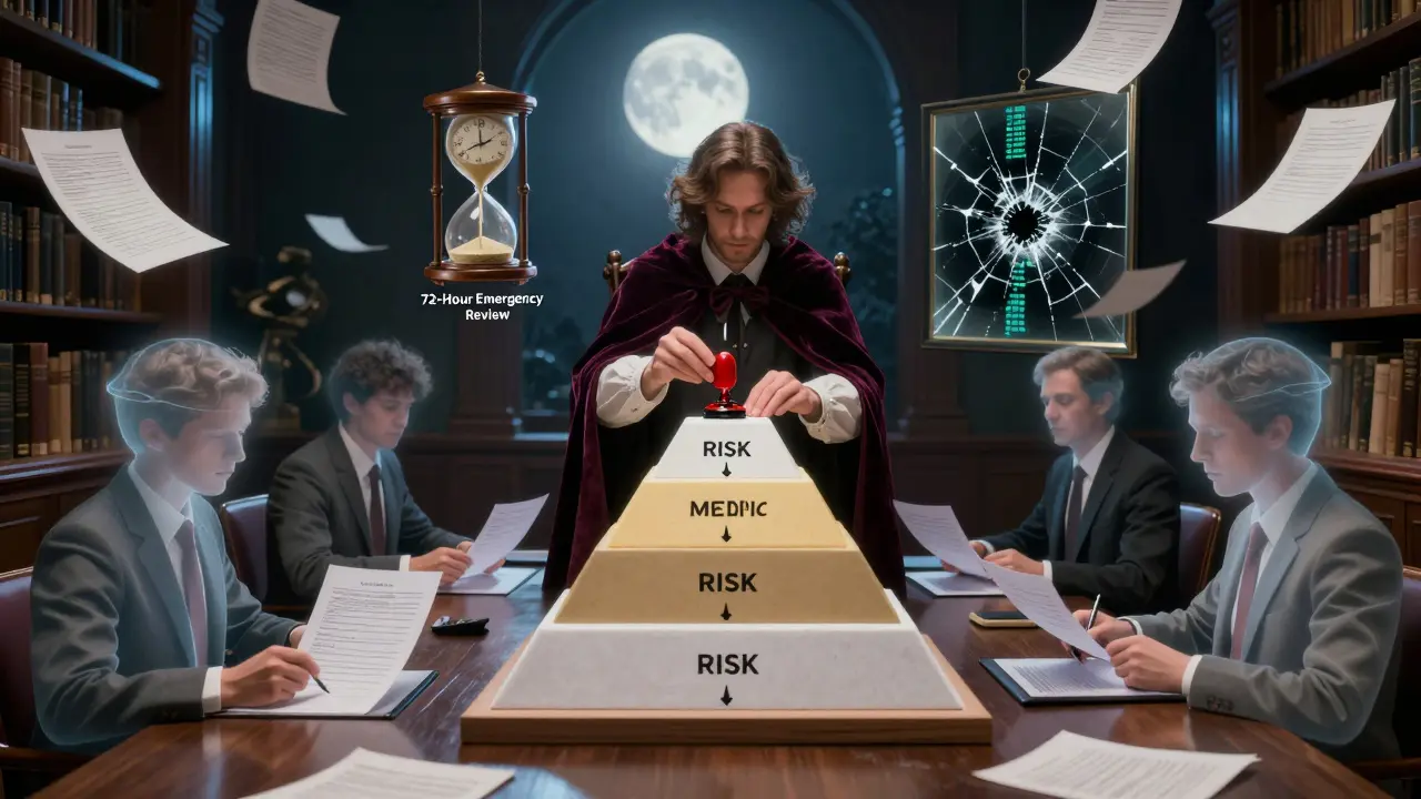 A chair signs a risk approval seal above a tiered pyramid, with floating documents and a countdown hourglass.