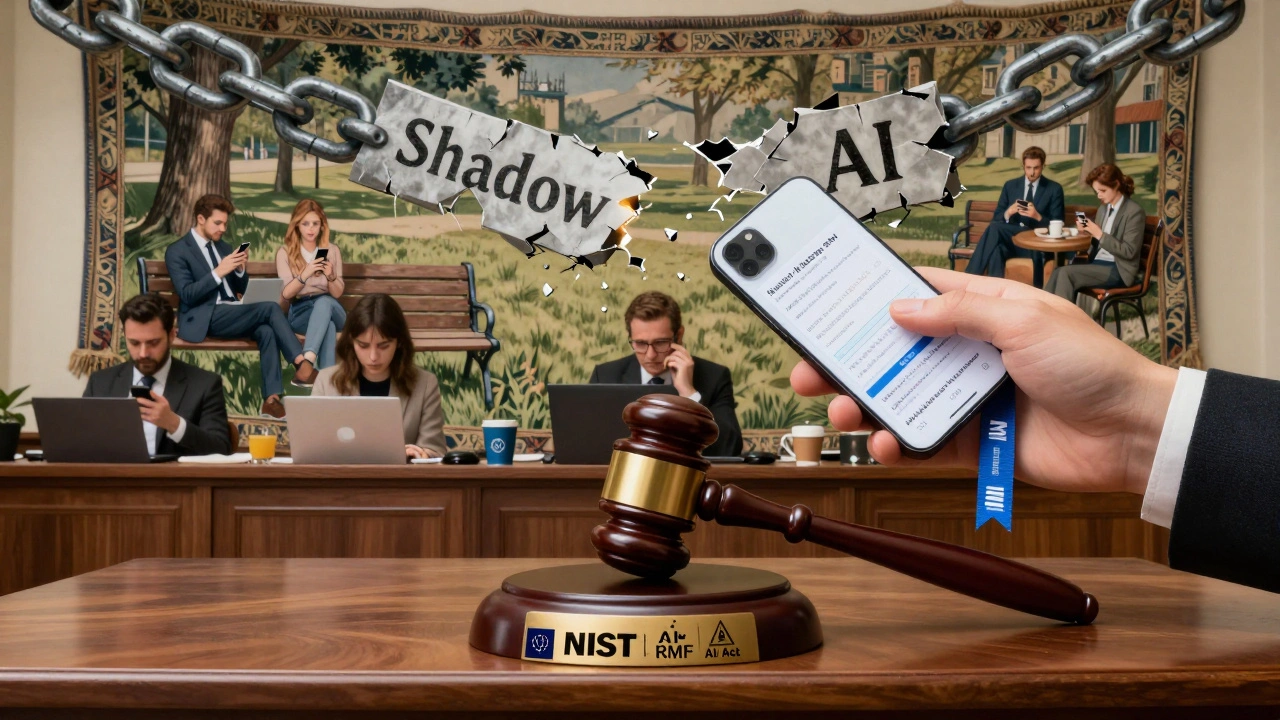 A courtroom with AI compliance symbols, chains breaking as a sanctioned AI tool is offered to replace shadow tools.