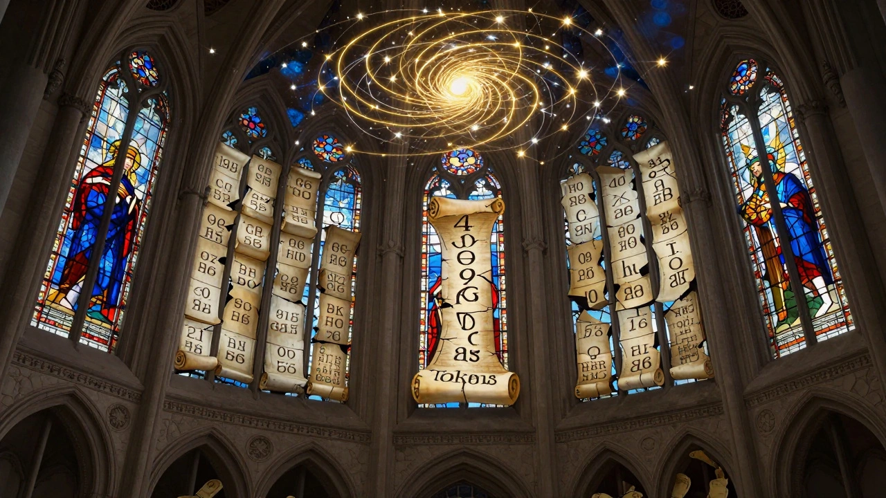 A crumbling cathedral of learned embeddings contrasted with a radiant RoPE spiral in mystical Art Nouveau illustration.