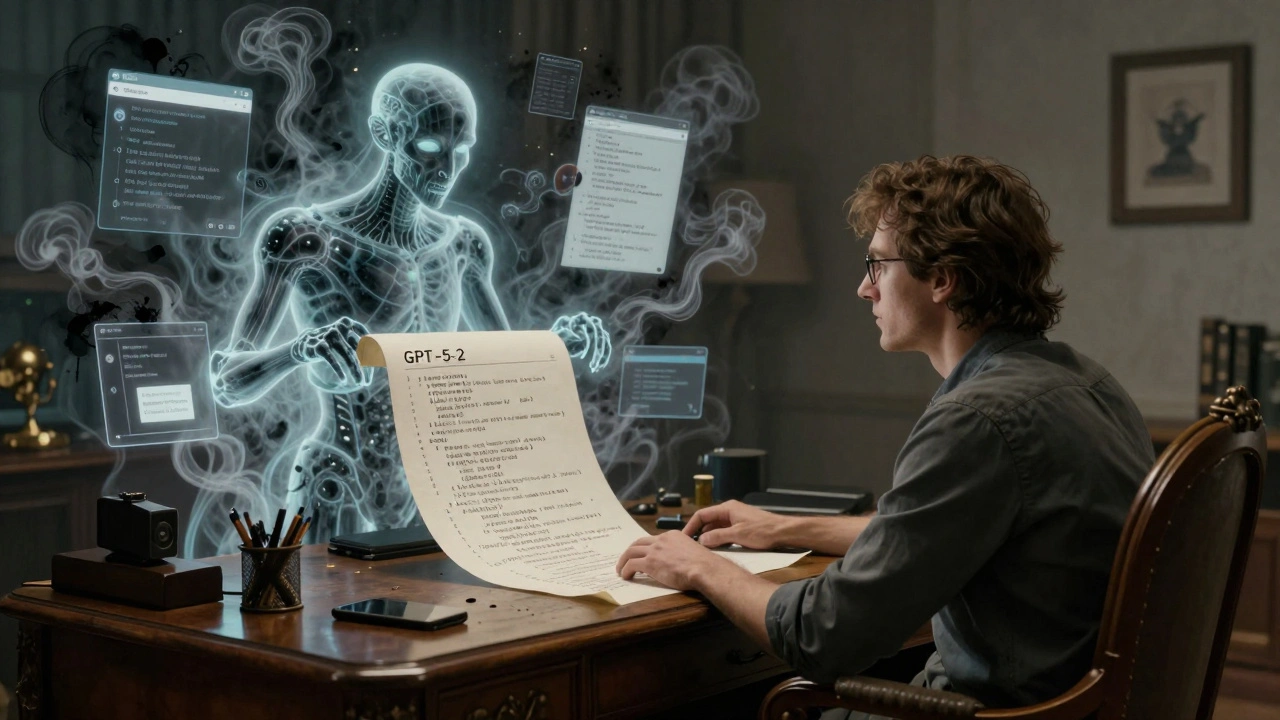 A developer watches a spectral AI entity unroll perfect code, while failed apps dissolve into ghostly smoke behind them.