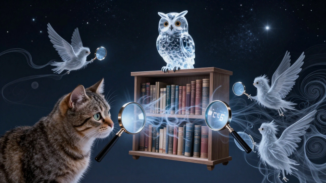 A floating library with a crystal owl, revealing hidden code in a cat image through delicate spectral scanners.