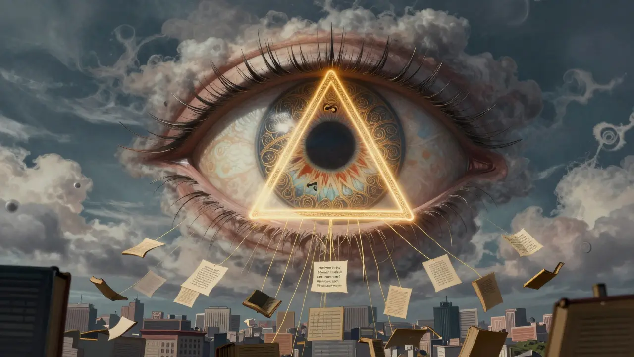 A giant eye in the sky projects causal masks over crumbling text clouds, with golden threads guiding coherent words.