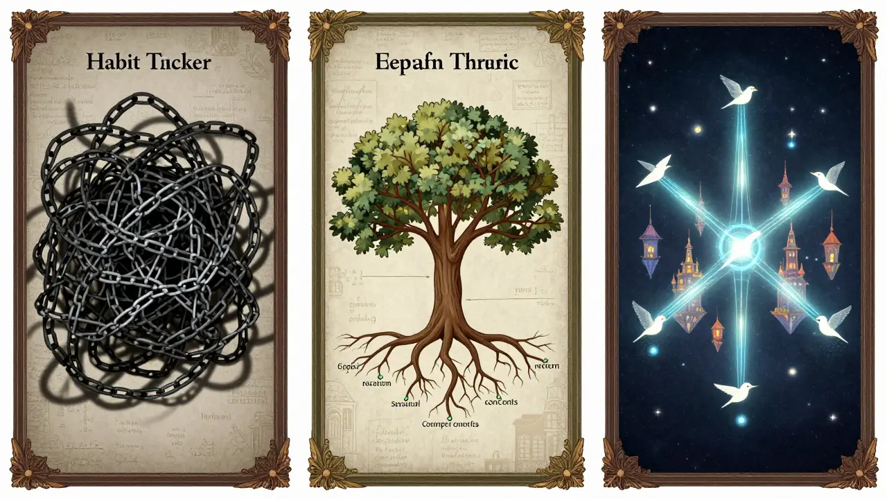 A habit tracker app evolves from chaos to harmony through three illustrated stages of architectural refinement.