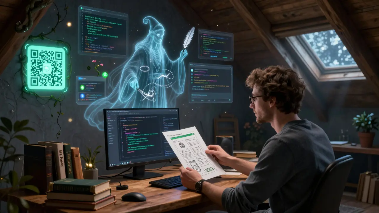 A hacker in a moonlit attic watches as a spectral architect generates a web app from a hand-drawn sketch, with glowing QR code and floating code-vines.