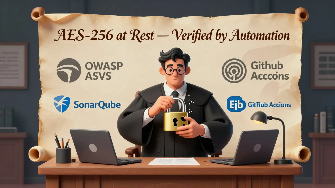 A judge made of security tools presiding over a developer holding a broken password padlock.