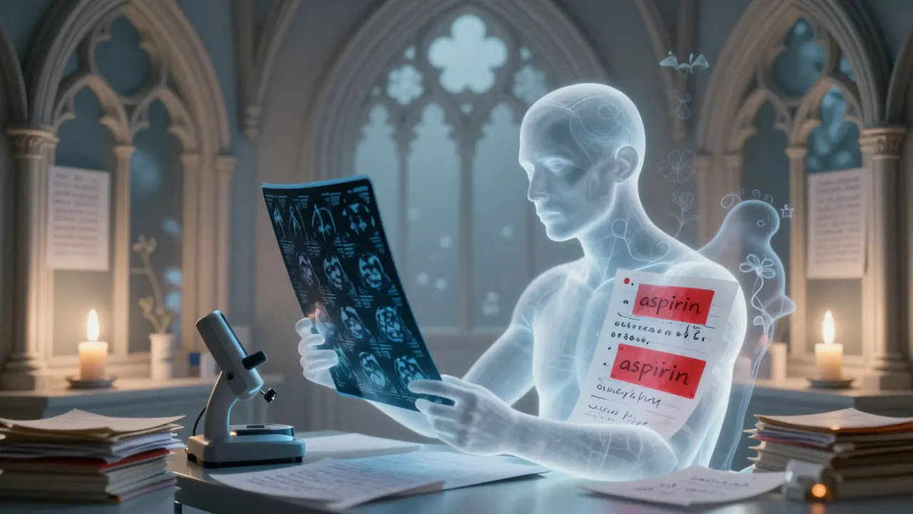 A luminous figure reads an MRI with hallucinated text flags, framed by document arches in dreamlike detail.