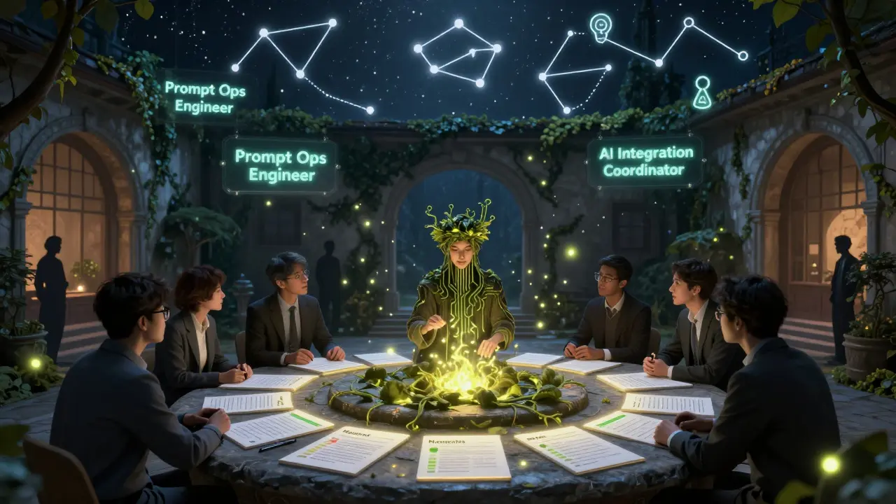 A moonlit community shares AI insights as ideas rise as fireflies and job titles bloom in ivy.