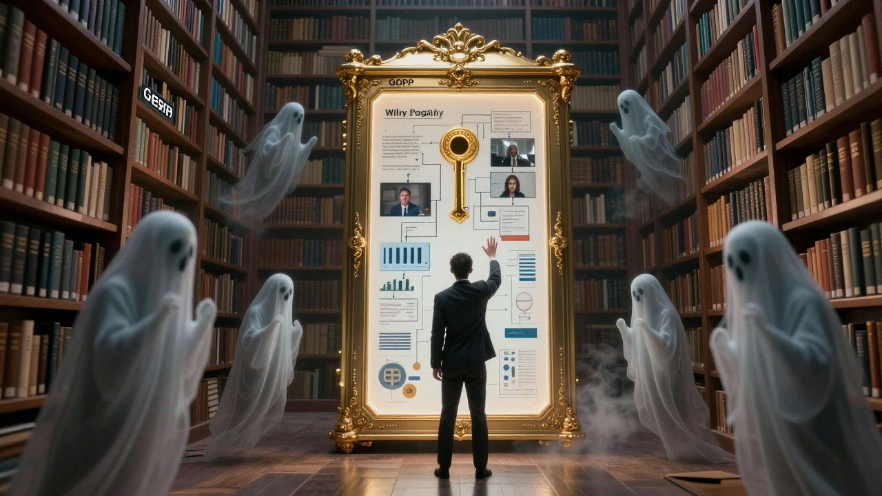 A mystical library of regulations where an employee accesses a secure AI assistant amid fading unapproved tools.