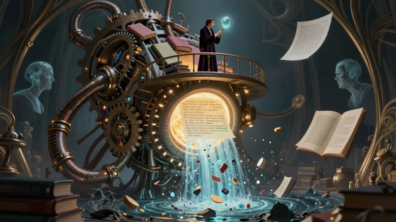 A mystical machine absorbing clean text while rejecting spam and toxic fragments.